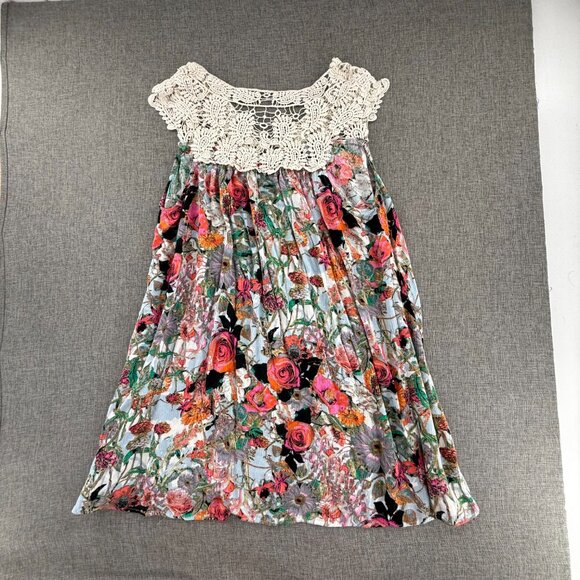 Umgee Mini Shift Dress Small Floral Crochet Neckline Cotton Blend V-Neck - Picture 8 of 11